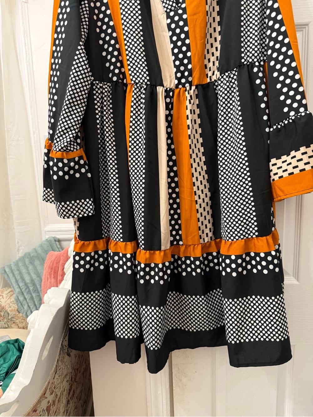 SHEIN Black White Polka Dot Maxi Dress with Orange Trim - Picture 2 of 5
